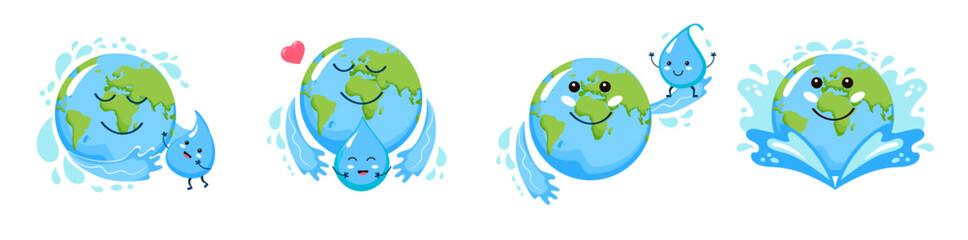 International Water Day set of cute characters. World Water Day. Planet Earth and water drop.