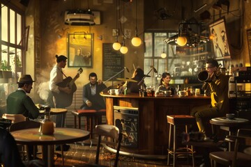 An animated cafe with a lively jazz band playing smooth tunes, adding to the ambiance of chatter...