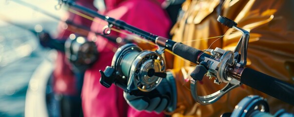 Close-up of fishing rods with reels - Essential gear for anglers at sea