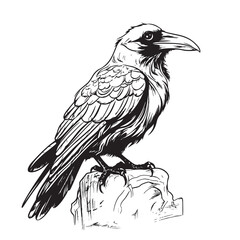 Fototapeta premium Vector illustration with Raven on a rock on white background Vector bird