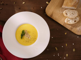 bowl of soup on the table. First course for lunch