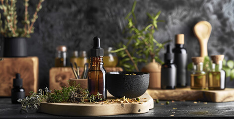 Obraz na płótnie Canvas Bottle of herbal essential oil with flowers, herbs on table, abstract natural background. eco friendly care organic product. beauty treatment, Spa concept. Cosmetic products advertising backdrop.Ai 
