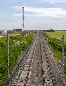 Double Tracks Straight Railway for High Speed Trains and Mobile Cell Tower Antenna