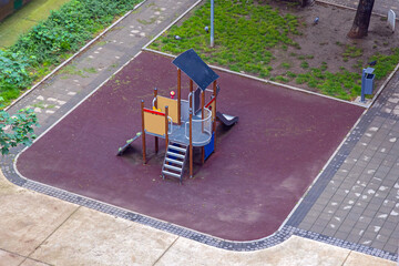 Climbing Slide Tower Structure for Kids at Playground in Park Aerial View