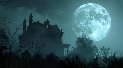 Ominous Gothic Mansion Under a Luminous Full Moon in an Eerie,Foreboding Landscape
