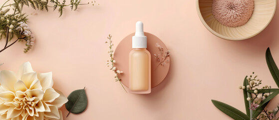 Beige pastel cosmetic mockup. Layout, Flat lay.  Banner with cream jar, container, serum bottle, leaf, flowers and decoration.Skin Care beauty concept. Showcase for product presentation.Generative ai
