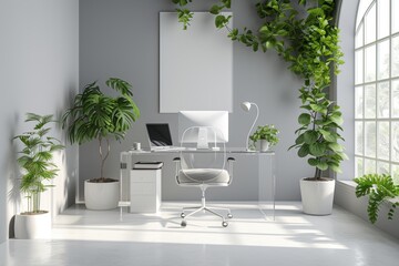 A minimalist modern office workspace with a floating acrylic desk