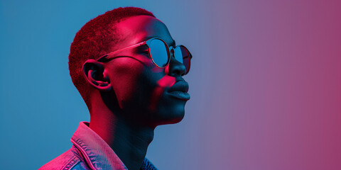 Profile of a person with a denim jacket, wearing round sunglasses, against a gradient background.