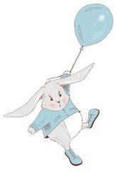 Cartoon rabbit in a blue jacket and shoes is flying on the blue balloon. Happy Easter. Funny art, hand-drawn. Illustrartion on a transparent background.