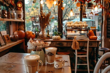 An autumn-themed cafe with pumpkin spice lattes, cinnamon-scented candles, and pumpkin decorations adorning every corner, Generative AI
