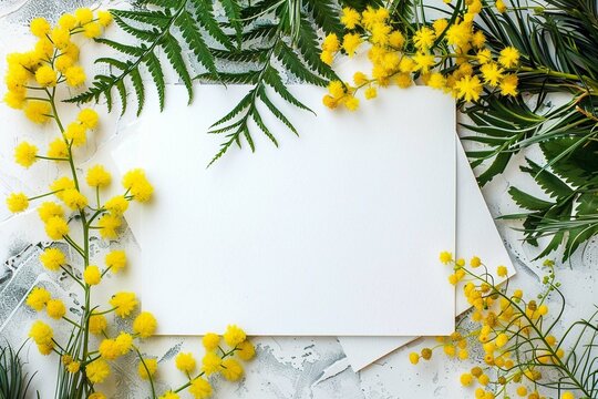 Spring background for 8 March, Mother day or birthday with fresh mimosa flowers and empty paper blank top view.