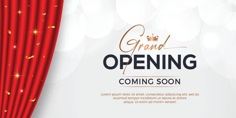 Realistic grand opening invitation banner with red curtains, golden elements and 3d editable text effect - obrazy, fototapety, plakaty