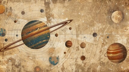 Fototapeta na wymiar Vintage Artistic Solar System on Aged Canvas