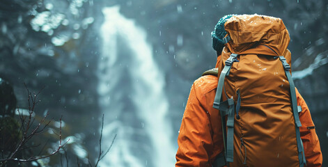portrait of a trekker with backpack infront of waterfalls 