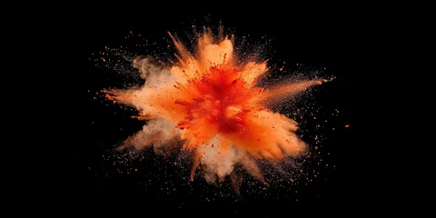 Fotobehang A dynamic burst of red and orange powder exploding on a black background, creating a dramatic visual impact. © Nedrofly