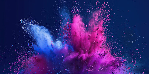 A dynamic burst of blue and pink colored powder fills the frame, creating a vivid and abstract display of colors and movement.