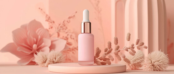 Pink pastel cosmetic mockup. Banner with cream jar, container, serum bottle, flowers and leaf. Skin Care beauty concept. Showcase for product presentation. Ads background. Generative ai