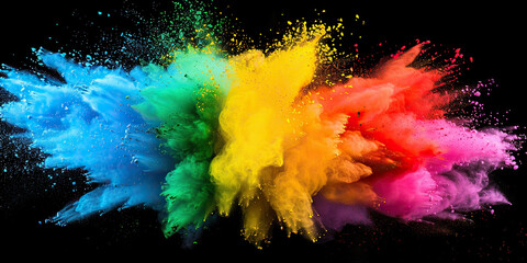 A vibrant explosion of colorful powder against a stark black background, creating a striking abstract image. - 764648982