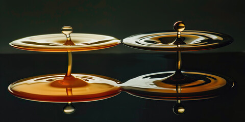 Reflection of two plates with saucers on a surface, creating a mirror image of the objects.