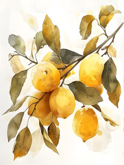 Watercolor painting of lemons on tree branch, botanical art