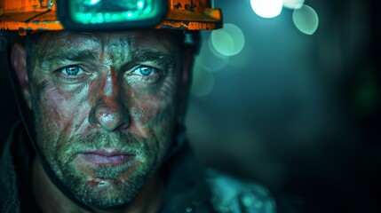 Close-up of a rugged man with a helmet and headlamp in a dark, industrial setting