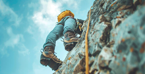 Close-up of mountaineer with trad climbing rack including backpack, chalk bag, harness with spring-loaded cams, nuts, quickdraws, slings and carabiners preparing for ascent in summer mountains.Ai

