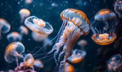 Jellyfish float in tank with dark background ,Generative AI 