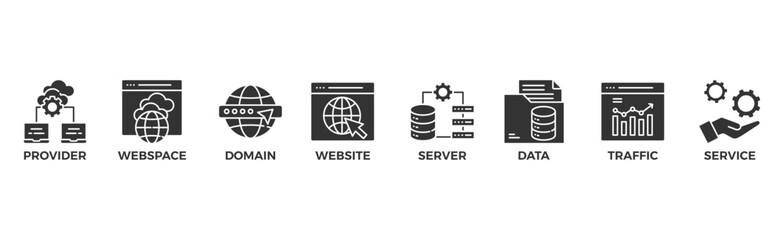 Web hosting banner web icon vector illustration concept with icon of provider, webspace, domain, website, server, data, traffic and service