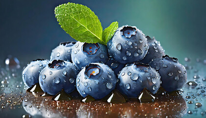 Pile of fresh blueberries with green leaves water drops. Organic and tasty summer berries. - obrazy, fototapety, plakaty