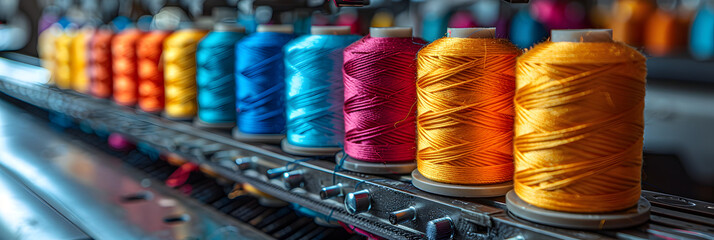 Close-up of Colorful Thread Spools on a Spinning,
Colorful yarn on spool yarn on tube cotton wool linen thread
 - obrazy, fototapety, plakaty