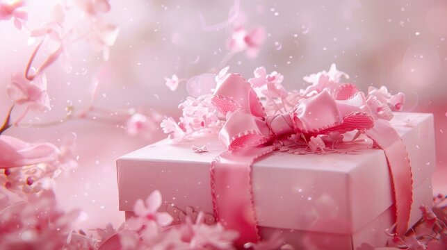 Pink gift or present box on a pale pink background