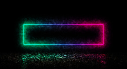 紫とシアンに光る四角のネオンのと雨に濡れた地面の反射の背景壁紙　霧と煙　タイトルスペース・SF・都市伝説・考察・陰謀	