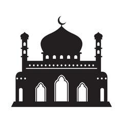 Vector islamic mosque black silhouette. Ramadan muslim icon isolated on white. Arabian mosque building shape with minarets. Eid Al-Fitr illustration