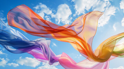 Fototapeta premium colourful ribbons flying on blue sky background
