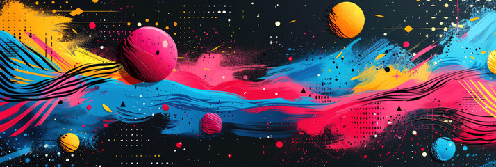 Abstract background illustration of maximalism in the Cluttercore trend with rich colors and bold design touches. Bright banner for the backing. - obrazy, fototapety, plakaty