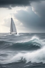 Sailboat in the sea with waves in cloudy weather, in gray tones