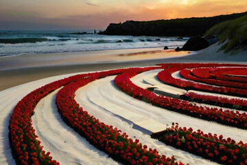 "Behold the exquisite spectacle of a circle of exquisite roses set against the backdrop of a tranquil beach, offering an elegant and intelligent view that captivates the senses."





