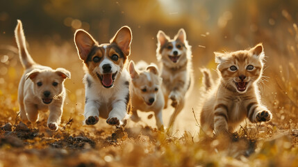 group of cute dogs and cats running towards the camera - obrazy, fototapety, plakaty