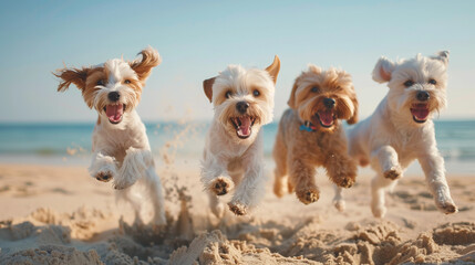 group of cute dogs running towards the camera - obrazy, fototapety, plakaty