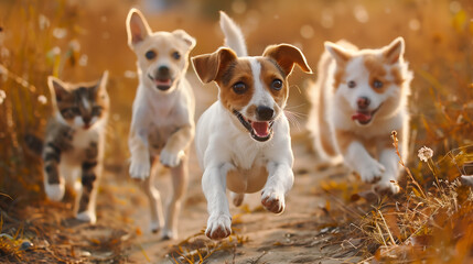 group of cute dogs and cats running towards the camera