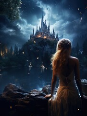 A girl near a castle in the moonlit mountains: fantasy mountains, castle and mystery