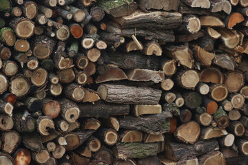 Fire wood stock ready for winter season. Cut wood texture