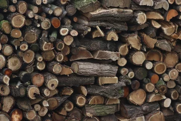 Zelfklevend Fotobehang Fire wood stock ready for winter season. Cut wood texture © saratm