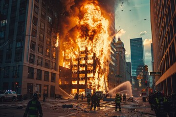 An insurance company's offices erupt in flames - obrazy, fototapety, plakaty