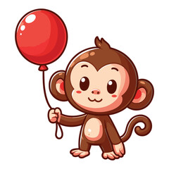 Obraz premium Cartoon character cute monkey holds a red balloon vector illustration
