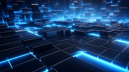 Obraz premium 3d rendering of black and blue abstract geometric background. Scene for advertising, technology, showcase, banner, game, sport, cosmetic, business, metaverse. Sci-Fi Illustration. Product display