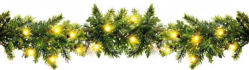 festive christmas garland of green pine branches with lights on a white background - obrazy, fototapety, plakaty