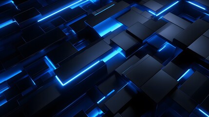 3d rendering of black and blue abstract geometric background. Scene for advertising, technology, showcase, banner, game, sport, cosmetic, business, metaverse. Sci-Fi Illustration. Product display