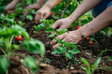Hands planting trees in a community garden promoting local food production and habitat restoration for sustainability. Concept Community Gardens, Local Food, Habitat Restoration, Sustainability