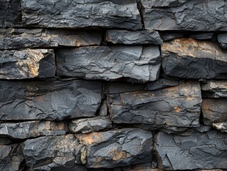 Fototapeta premium A close-up of a dark stone wall constructed with rough, unevenly sized slate pieces - AI Generated Digital Art